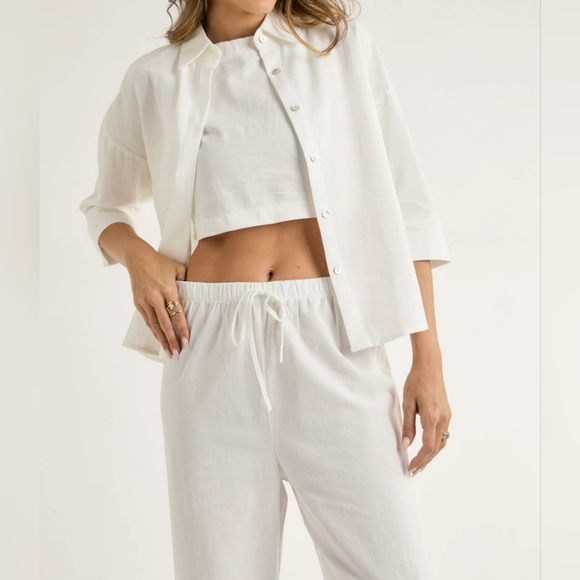 065 LAST 1 NEW! 3PCS Set Crop Inner Top W/ Full Length Pants & Button Down Shirt - Picture 2 of 8